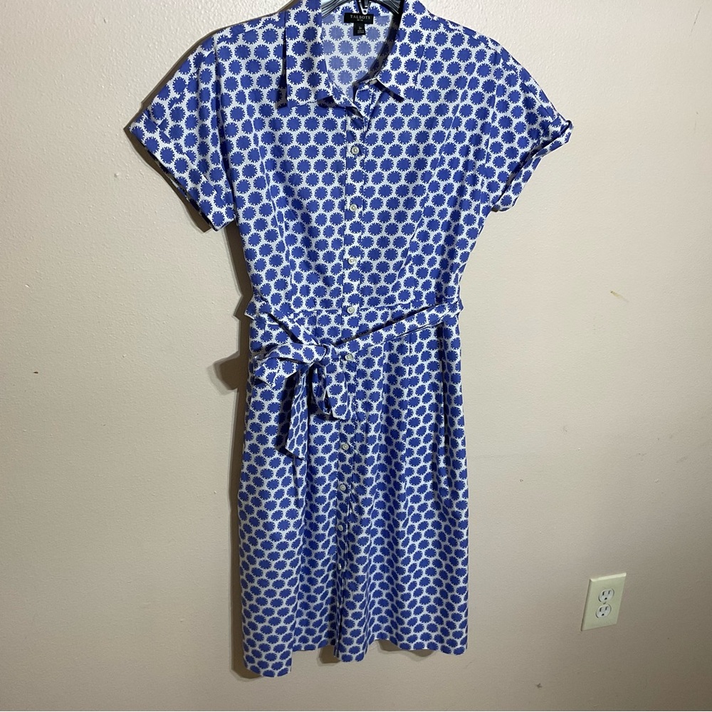 White and Blue Midi Shirt Dress with Polo Collar